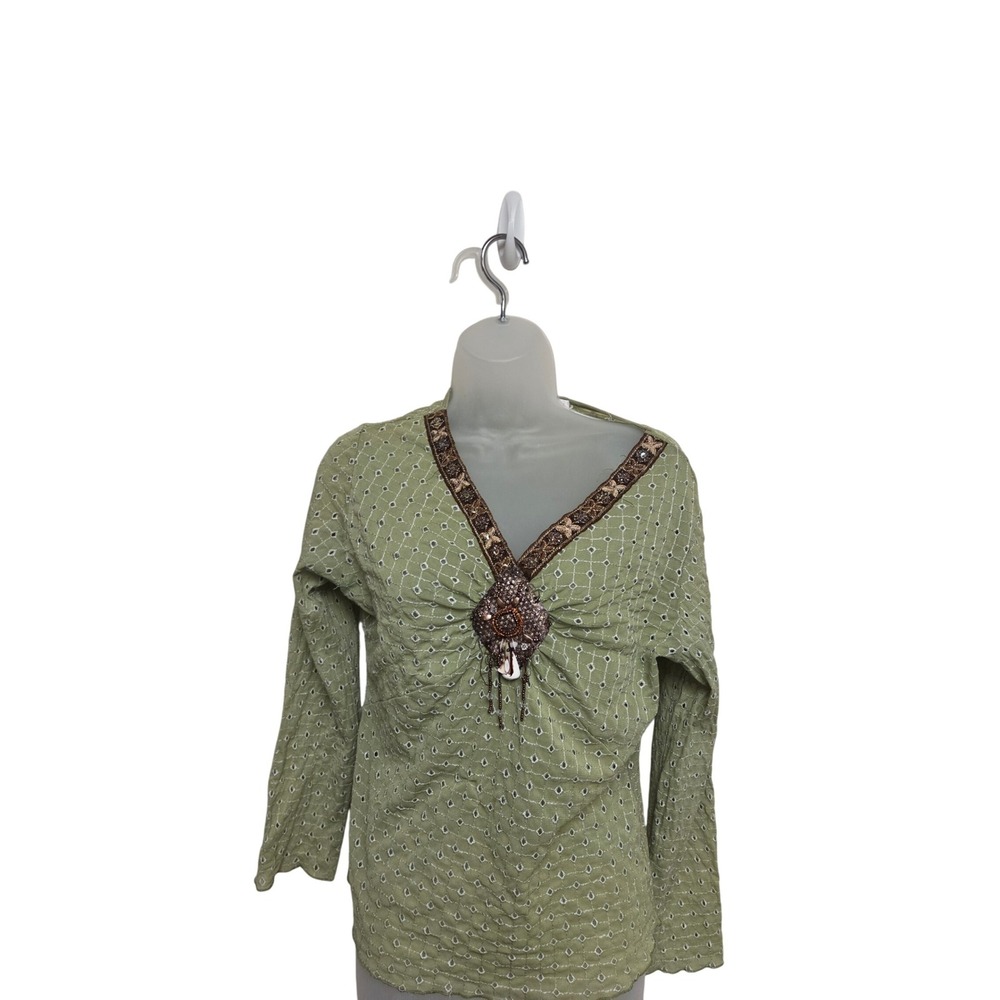 Vintage Y2K Pretty Angel Green Beaded Boho Top Eyelet Mesh‎ Ruched Fairy Grunge